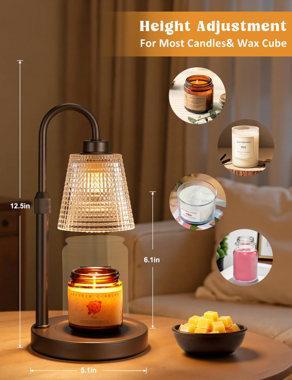 Innqoo Candle Warmer Lamp with Timer, Dimmable Candle Warmer for Jar Candles, Height Adjustable Wax Melts Warmer, Birthday Gifts for Women Mom, House Warming Gifts New Home Decor
