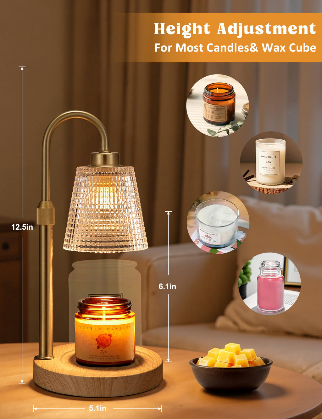 Innqoo Candle Warmer Lamp with Timer, Dimmable Candle Warmer for Jar Candles, Height Adjustable Wax Melts Warmer, Birthday Gifts for Women Mom, House Warming Gifts New Home Decor