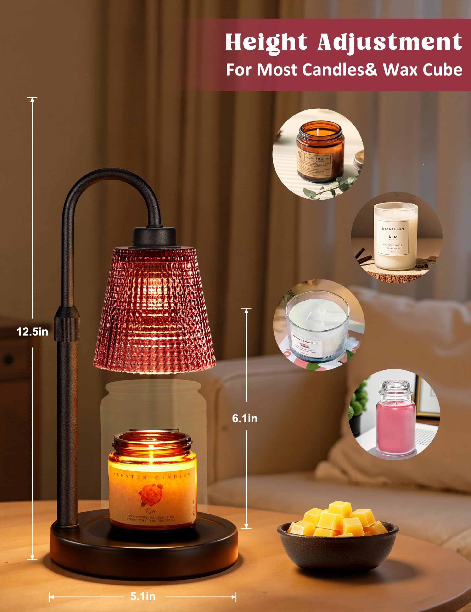 Innqoo Candle Warmer Lamp with Timer, Dimmable Candle Warmer for Jar Candles, Height Adjustable Wax Melts Warmer, Birthday Gifts for Women Mom, House Warming Gifts New Home Decor