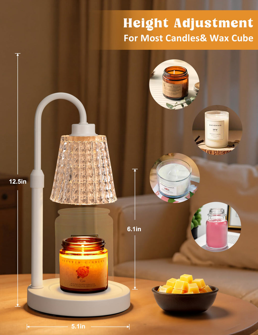 Innqoo Candle Warmer Lamp with Timer, Dimmable Candle Warmer for Jar Candles, Height Adjustable Wax Melts Warmer, Birthday Gifts for Women Mom, House Warming Gifts New Home Decor