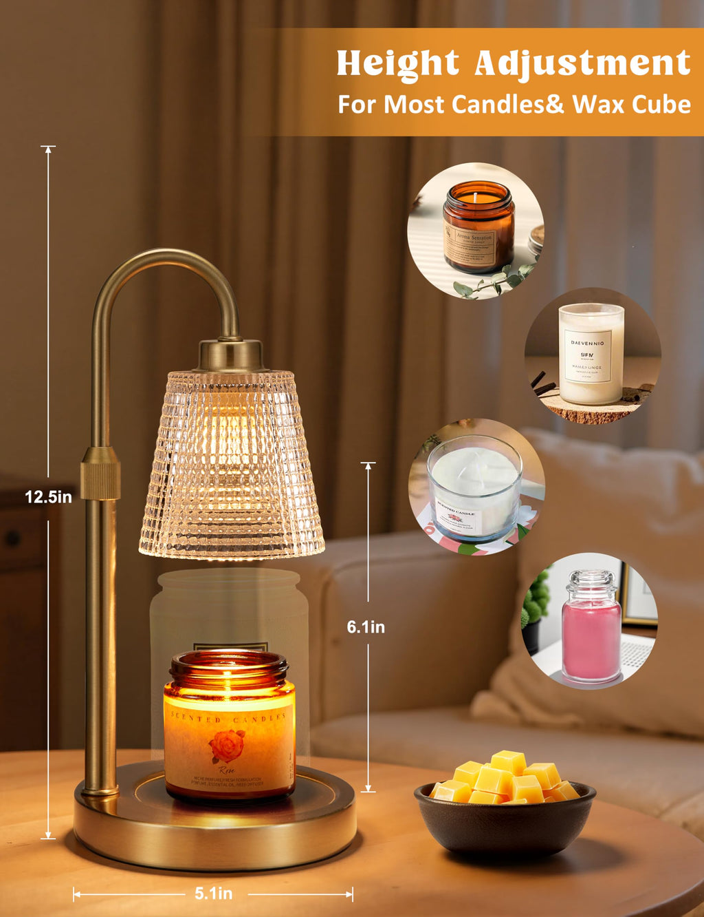 Innqoo Candle Warmer Lamp with Timer, Dimmable Candle Warmer for Jar Candles, Height Adjustable Wax Melts Warmer, Birthday Gifts for Women Mom, House Warming Gifts New Home Decor